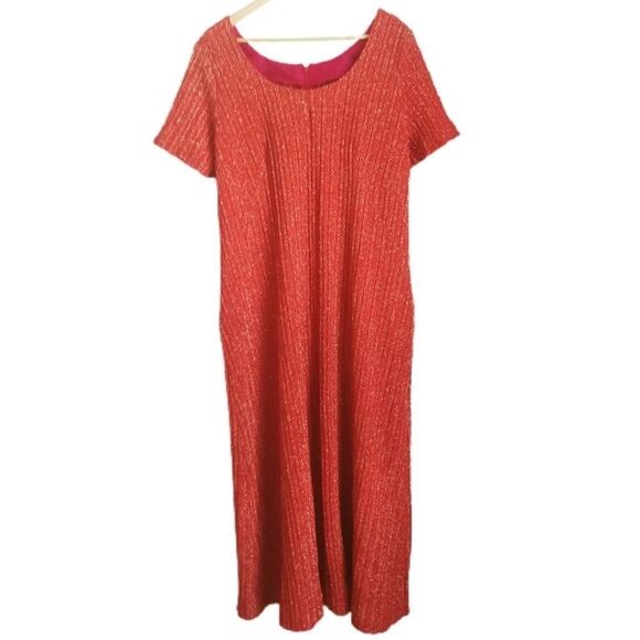 VINTAGE Handmade Orange & Shiny Stretchy Party Ribbed Knit Maxi Dress Size 1X - Picture 2 of 11